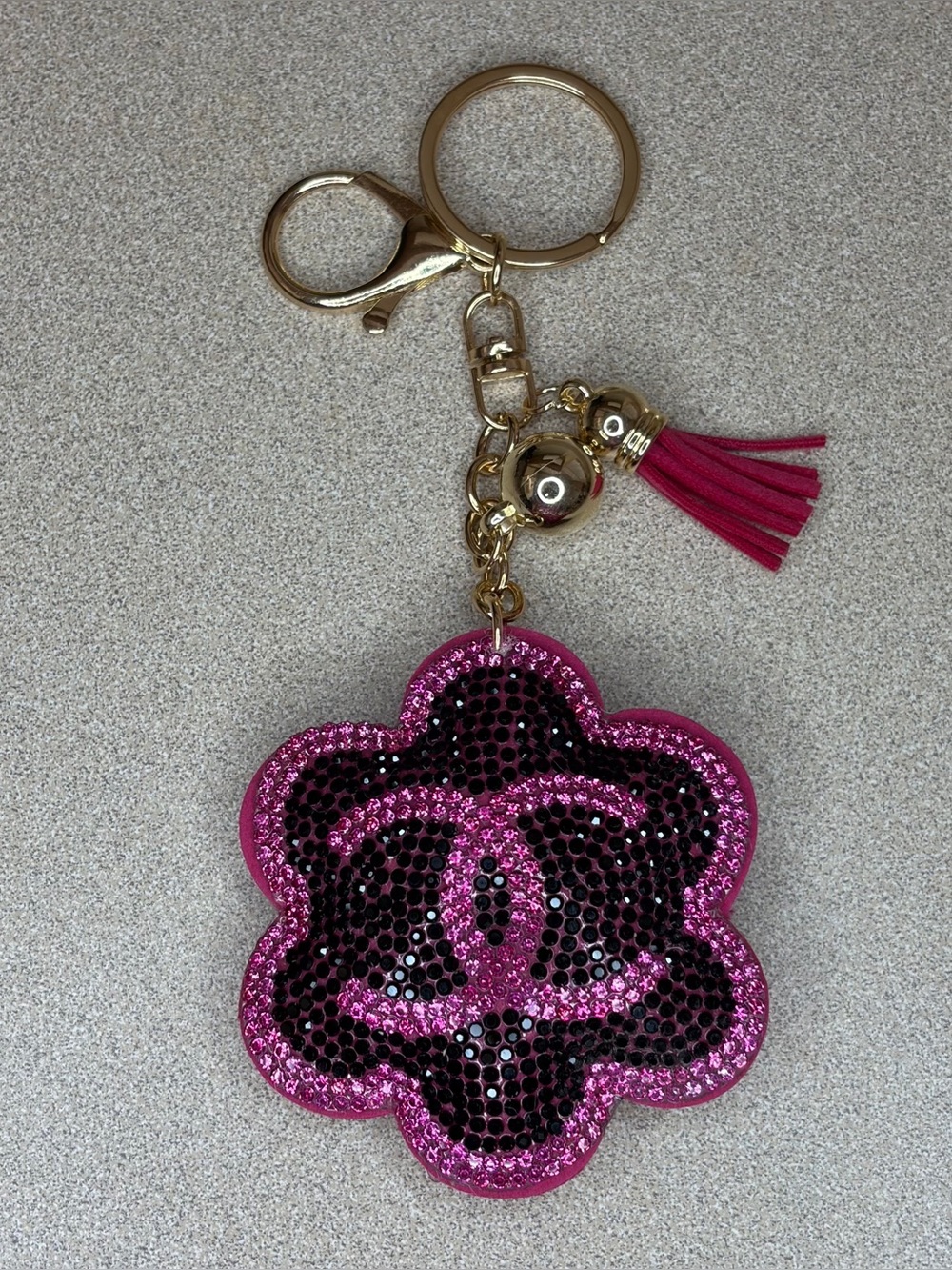 Pink Rhinestone Camellia Flower Keychain / Purse Charm
